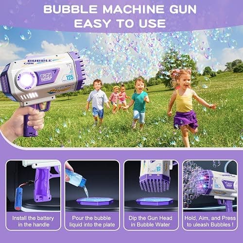 Deserthome Bubble Gun, 125 Holes Bubble Machine Gun, Bubble Blaster Gun for Kids, Rechargeable Bubble Gun with Bubble Solution, Easter Toy Party Favors Bubble Maker for Wedding Birthday (Purple) thumbnail 7