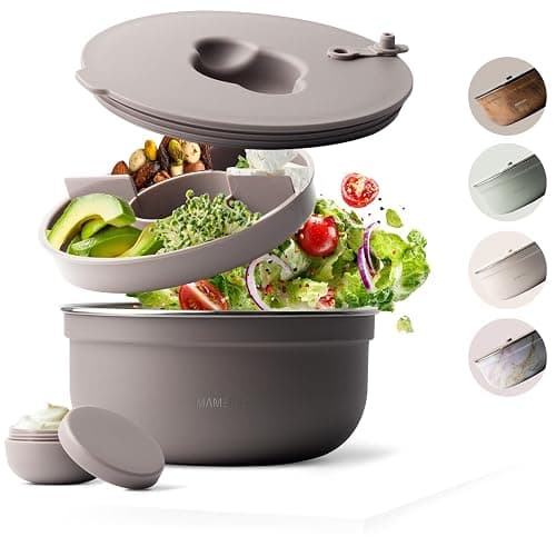 MAMEIDO Salad Box to go 1.5 l, Bento Box Stainless Steel for Adults, BPA-Free Salad Bowl, Bento Lunch Box with compartments & Leak-Proof dip Container (Taupe Grey) - Image 1