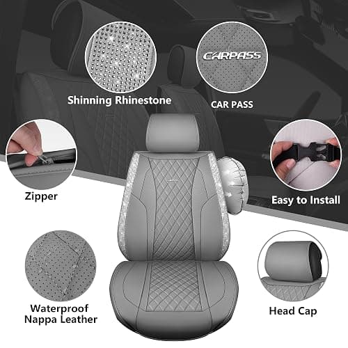 CAR PASS Gray Leather Bling Car Seat Covers Full Set, Luxury Microfiber Nappa PU Cushioned, Waterproof Anti-Slip Universal Fit for Auto SUV Sedan Sparkly Glitter Shining Rhinestone, Gray Diamond thumbnail 6