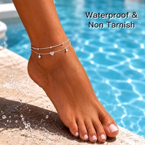 Gold/Sterling Silver Anklet Bracelets for Women Waterproof, Non Tarnish 925 Sterling Sliver Plated Heart Evileye Butterfly Charm, Dainty Summer Beach Anklets for Women, Beach Vacation Bikini Outfits for Her Mom thumbnail 5