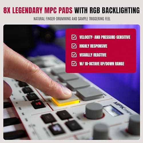 Akai Professional MPK Mini IV USB-C MIDI Keyboard Controller for Beginners and Producers - MPC Drum Pads, 360° Knobs, Pitch and Mod Wheels, Production Software, Native Instruments Sound Package, Grey thumbnail 6