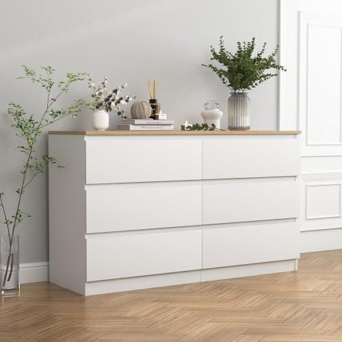 Spaco White Dresser for Bedroom with Oak Top,Modern 6 Drawer Dresser with Deep Drawer,Wide Storage Chest of Drawers,Bedroom Storage Organizer Furniture,TV Stand for Living Room thumbnail 7