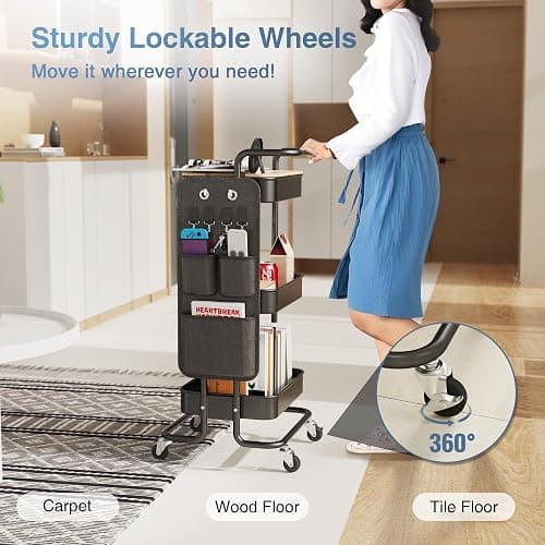 DTK 3 Tier Metal Utility Rolling Cart with Table Top and Side Bags, Tray Storage Organizer Wheels, Art Craft 4 Hooks for Kitchen Bathroom Office Living Room (Black) thumbnail 6