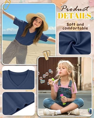 LessonZoo 3 Pcs Girls' V-Neck Loose Fit T-Shirts | Kids Short Sleeve Tees, Teens Cute Tops, 5-14 Years Girls, Solid Color, Soft Fabric, Flat Hem, Summer, Casual, School, Outing thumbnail 3