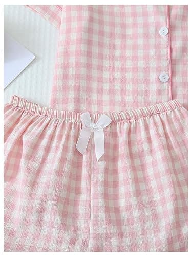 Verdusa Women's Plaid 2 Piece Cute Pajama Sets Short Sleeve Button Down Shirts with Shorts Loungewear thumbnail 5