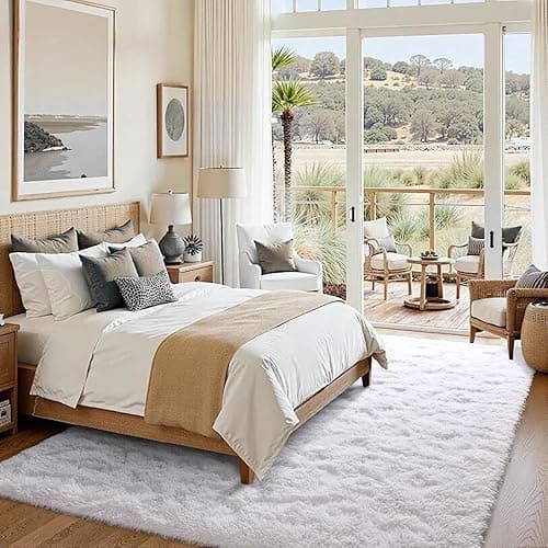 FinRèc Soft White Rugs for Bedroom Living Room, 4x6 Feet Modern Indoor Fuzzy Shaggy Area Rug, Non-Slip Fluffy Furry Rug for Nursery Kids Room Dorm Room Home Decor, High Pile Plush Floor Carpet - 4x6 Feet - White thumbnail 2