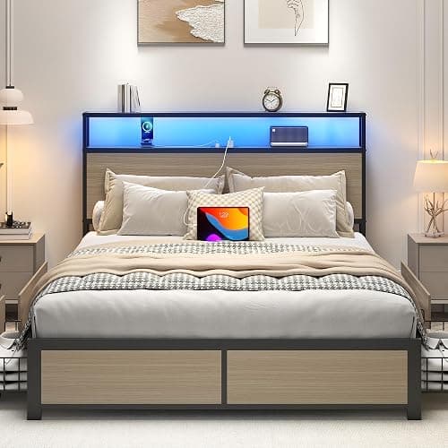 Lifezone Full Bed Frame with 2-Tier Storage Headboard, Metal Platform Bed Frame with 4 Storage Drawers, Built in Charging Station & LED, Noise-Free/Metal Support/No Box Spring Needed, Beige thumbnail 4