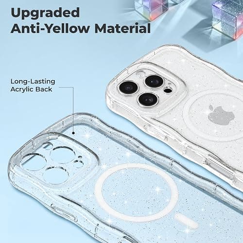 FABSPARK Case for iPhone 15,Compatible with MagSafe,Magnetic Clear Curly Wavy Frame Wave Case with Sparkly Bling Glitter,Transparent Acrylic Hard PC for iPhone 15,Glitter Clear thumbnail 2
