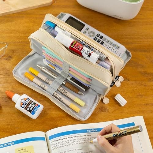 CICIMELON Big Capacity Pencil Case 3 Compartments Pen Pouch Bag Multifunctional Organizer for School Office, Cream thumbnail 3