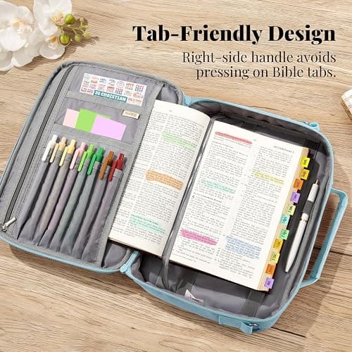 SUNEE Bible Cover for Women, Large Bible Bag w/Shoulder Strap Carrying Book Case w/Pen Slots and Zippered Pocket, Gift for Women & Men, Blue thumbnail 3