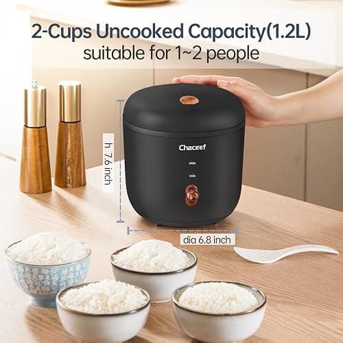 CHACEEF Mini Rice Cooker 2 Cups Uncooked, 1.2L Rice Cooker Small with Non-stick Pot, Portable Travel Rice Maker with One Touch & Keep Warm Function,White Rice, Brown Rice, Oatmeal, Black thumbnail 2