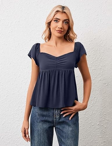 HOCANDY Womens Flowy Peplum Tank Tops Ruffle Sleeve Babydoll Tank Top Sweetheart Neck Smocked Back Short Sleeve Going Out Top thumbnail 6