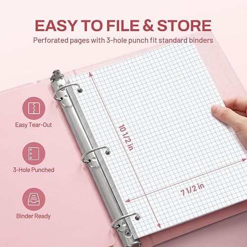 SUNEE Spiral Notebook, 1-Subject, Graph Ruled Paper, 8" x 10-1/2", 100 Sheets per Notebook, 3-Hole Punched Paper, Water Resistant Cover, Spiral Grid Notebooks for Work, Home, School, Writing, Pink thumbnail 6