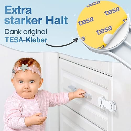 MUTKIND® 12 Stück Kindersicherung Schrank (Mit Kleber von TESA) - Extra Starker Halt - Schranksicherung Baby - Schubladensicherung für Schränke, Kühlschrank, Türen - Kindersicherung Schubladen Weiß thumbnail 3