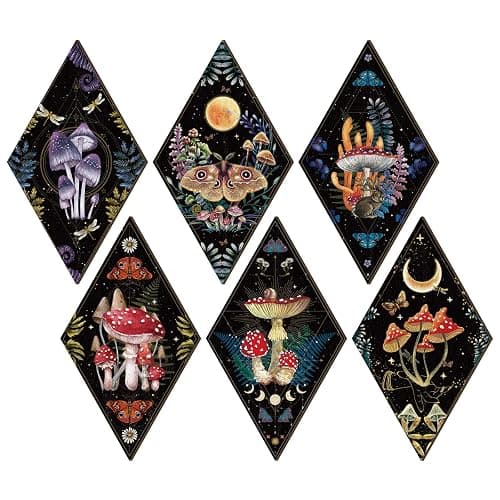 Sintuff 6 Pieces Mushroom Wall Decor Gift Vintage Aesthetic Boho Wall Art for Home 11.8inch Wooden Moon Gothic Minimalist Wall Hanging for Bathroom Bedroom Living Room - Image 1