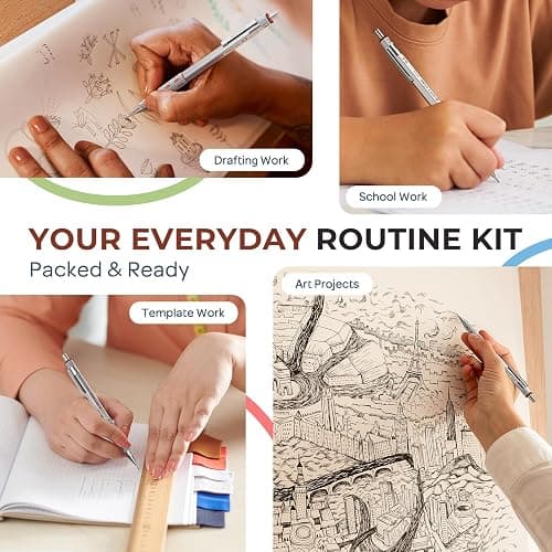 Nicpro 3 Pack Blocky Gear 0.3 mm Metal Mechanical Pencils Set with Case, Lead Drafting Pencil with 8 Tube (480PCS) Lead Refills, 4 Erasers, 18 Eraser Refills for Art Writing, Sketching Drawing thumbnail 5