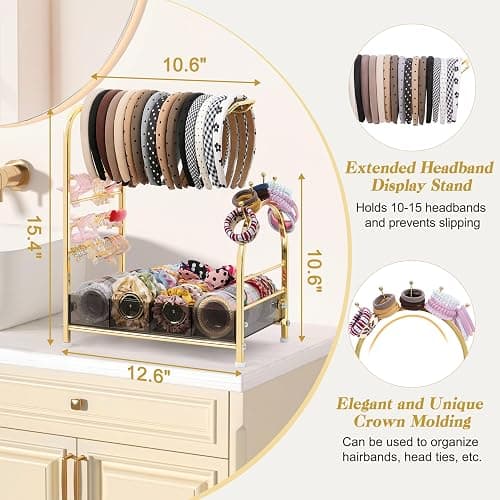 Keebofly Acrylic Hair Accessories Organizer, Versatile Headband Holder Stand for Scrunchies, Bows, Claw Clips, Hair Tie, Compact Hair Organizer Storage for Girls, Women, Babies, Amber & Gold-Plated thumbnail 3