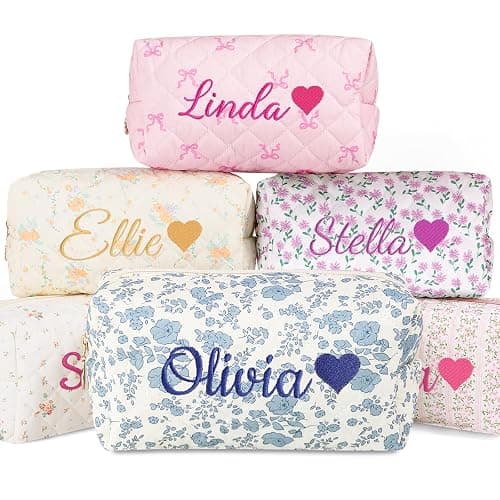 KUKULIKI Personalized Makeup Bag with Embroidered Name, Custom Cotton Floral Travel Toiletry Bag Cosmetic Bag Women Girls Bridesmaid Gifts for Wedding Day - Image 1