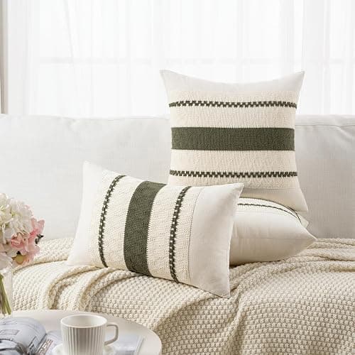 Fancy Homi Set of 1 Boho Olive Green Lumbar Decorative Throw Pillow Cover 12x20 Inch for Couch Bed Sofa Chair, Modern Organic Farmhouse Home Decor, Soft Cotton Cute Accent Rectangle Cushion Case thumbnail 5