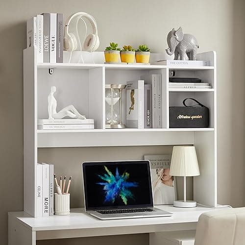 Nromant Desktop Bookshelf, Wooden Desk Storage Hutch with 6 Shelves for Computer Desk, 3-Tier Desktop Display Organizer Rack for Office Home (White) - White