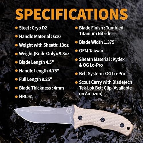 Off-Grid Knives - Backcountry Coyote V2 Fixed Blade, Cryo D2, Graywash Finish, G10 Scales, Full Tang, Kydex Sheath, Belt Attachment, Camping, Bushcraft, Hunting, Survival thumbnail 8