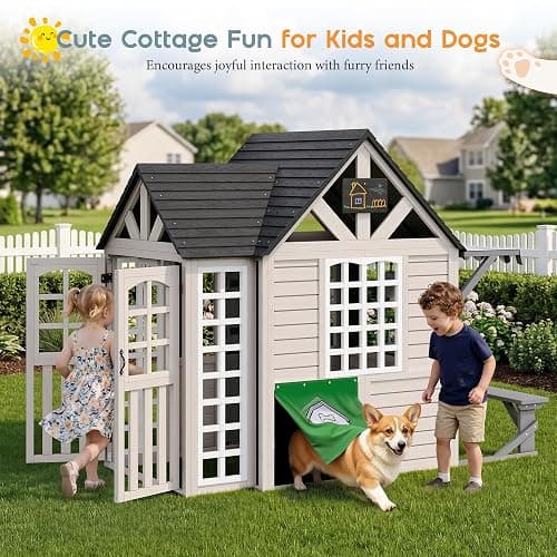 Albott Kids Outdoor Wooden Playhouse with Kitchen Playset, Backyard Cottage for Kids with Bench, Chalkboard, Pet Door, Wooden Mailbox and Flowerpot, Backyard Play House for Boys and Girls Ages 3-8 thumbnail 7