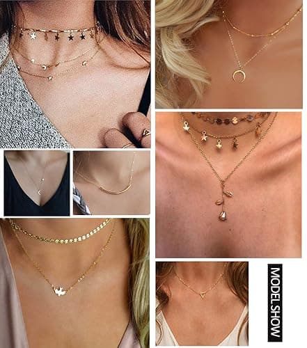 Honsny 20PCS 14K Gold Plated Choker Necklaces for Women, Dainty Gold Diamond Coin Pearl Pendant Simple Chain Necklace Set Cute Gold Layered Necklaces for Women Teen Jewelry Gifts thumbnail 2