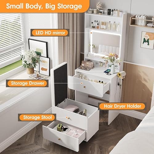 Vabches Make Up Vanity Desk with Mirror and Lights, White Vanity Table Set with Charger Station,Girls Small Vanity and Storage Chair thumbnail 4