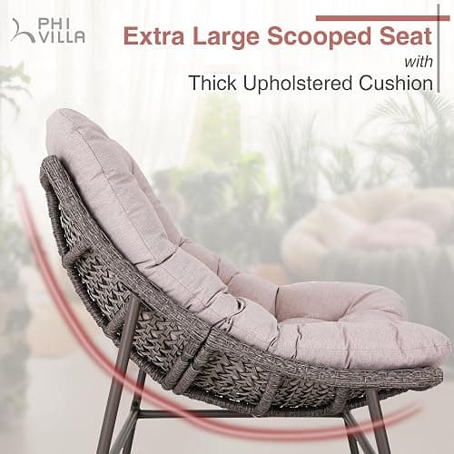 PHI VILLA Outdoor Papasan Chairs Set of 2, Oversized Scoop Wicker Chairs with Cushions & Steel Frame, Double Comfy Conversation Reading Furniture for Apartment Patio, Porch, Deck, Balcony thumbnail 3
