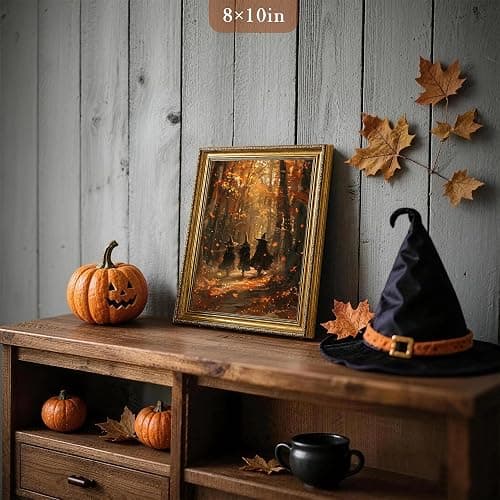 Halloween Vintage Gold Framed Canvas Wall Art, Autumn Forest Witch Wizards with Fall Leaves in Woodland, Easy to Hang Fade Resistant Print, Wall Decor for Bedroom Bathroom Living Room, 8x10 inches thumbnail 2