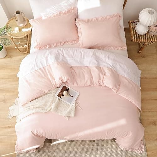 JANZAA Twin Comforter Set Pink Beding Set 2PCS (1 Ruffled Comforter Set and 1Pillow case) Fluffy Vintage Farmhouse Shabby Chic Bedding Soft All Season thumbnail 8