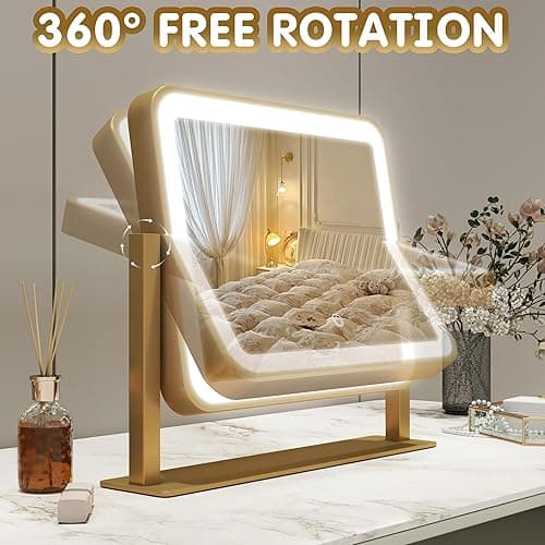 FENNIO Vanity Mirror with Lights 14x12 Inch - Makeup Mirror with Lights Tabletop, 3-Color Dimmable Lighted Mirror, Touch Control Desktop Mirror for Women (Gold) - Gold - 14"L x 12"W thumbnail 7