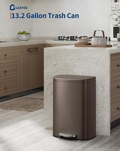 Garvee 13 gal (50 L) and 2.6 gal (10 L) Metal Trash Can Combo Set, Rustproof Garbage Can with Lid, Step-on Trash Bin with Inner Bucket, Rear Handle, Brown thumbnail 2
