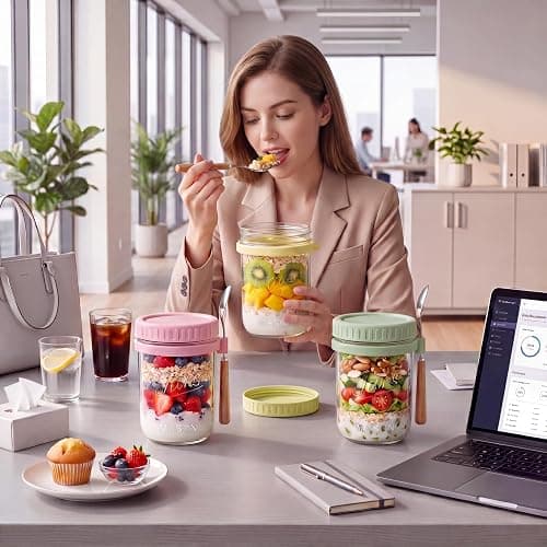 16oz Glass Overnight Oats Containers with Lids & Spoons, 6 Pack MultiColor | Wide Mouth Glass Jars with Airtight Lids, Perfect for Chia Pudding, Yogurt, Salad & Cereal Meal Prep Storage, Food Safe thumbnail 2