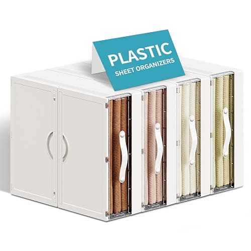 MSHOMELY Plastic Bed Sheet Organizers and Storage 4 Pack Sheet Set Storage Organizer, Foldable Linen Closet Organizer with Window, Lockable Storage Bins for for Bedding Sheets, Duvet Covers, Blankets - Image 1