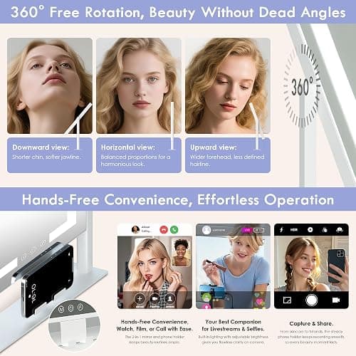 LuxeVue Makeup Mirror with Lights – HD Vanity Mirror with 3 Color Modes, Touch Sensor, 360° Rotatable Metal Frame, Detachable 3.5" 15X Magnifying Mirror, 14.1", White – Gift-Ready for Her or Bedroom thumbnail 6