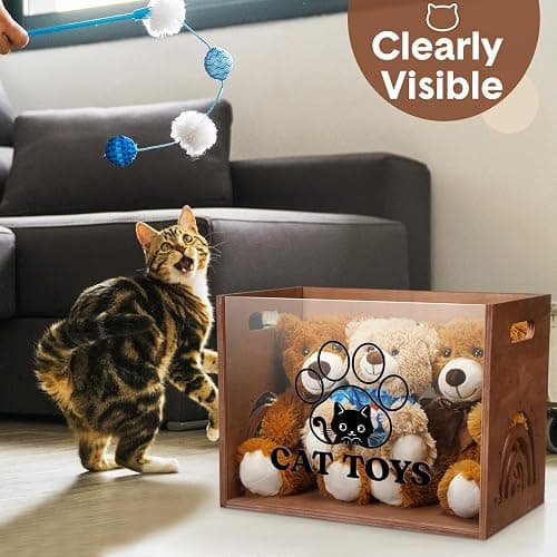 Beeveer Large Cat Toy Basket Cat Toy Box Wooden Storage Bin with Acrylic Board Storage Box for Puppy Toys Pet Food and Accessories Organizer Holder Basket for Living Room Area(Brown, Cat) thumbnail 2