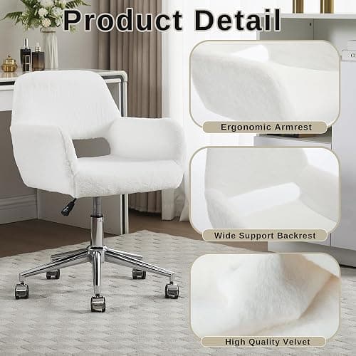 HJY Faux Fur Swivel Desk Chair, Makeup Vanity Chair with Silver Base, White | HENGJIANYI Modern Height Adjustable Fluffy Armchair Ergonomic 360° Swivel Office Chair with Hollowed Back thick cushion thumbnail 3