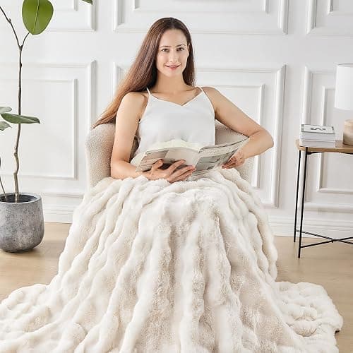 NORD ECO Luxury 1000GSM Faux Rabbit Fur Throw Blanket, Super Heavy Warm Cozy Blankets for Couch Bed Sofa, Bubble Plush Fuzzy Elegant Soft Reversible Mink Blanket for Living Room Bedroom, Cream White thumbnail 7
