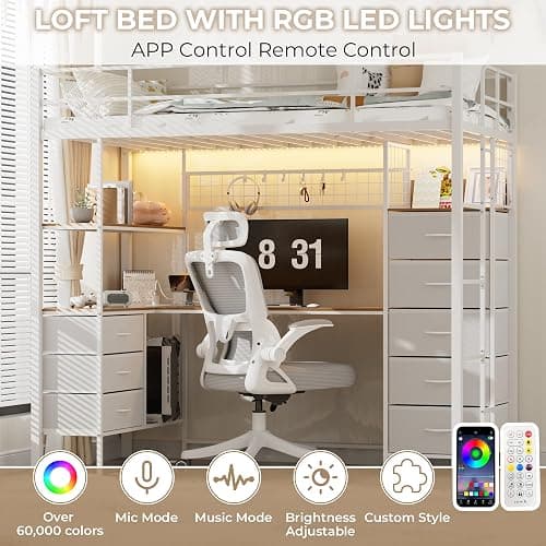SAHISTCT Twin Size Loft Bed with Desk, LED Lights, Charging Station, Industrial Loft Bed Frame with 3 Storage Shelves and 8 Fabric Drawers, Safety Guard & Ladder,LED Metal Twin Size Bunk Bed (White) thumbnail 4