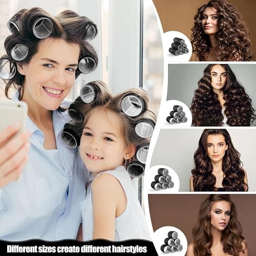 4 Sizes Self-Grip Hair Rollers Set - 50 Pcs Jumbo Curlers for Long, Short Hair and Bangs (25mm, 36mm, 48mm, 60mm) With Clips, Black thumbnail 3