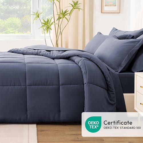 Love's cabin Full Comforter Set Indigo Blue, 7 Pieces Full Bed in a Bag, All Season Bedding Sets with 1 Comforter, 1 Flat Sheet, 1 Fitted Sheet, 2 Pillowcase and 2 Pillow Sham thumbnail 5