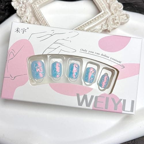 Summer Press on Nails Short Square Fake Nails Blue Chrome False Nails Press ons with Sea Waves Ocean 3D Design Glue on Nail Beach Matte Artificial Acrylic Nails for Women Girls Manicure Deco thumbnail 6