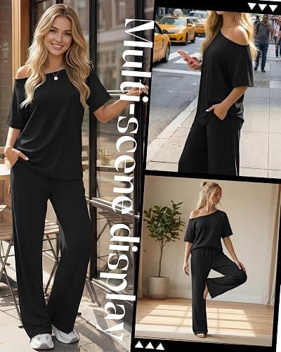 JoyMotion Women’s 2 Piece Lounge Sets Off Shoulder Oversized Matching Outfit Short Sleeve Tops Casual Wide Leg Pant Set thumbnail 5