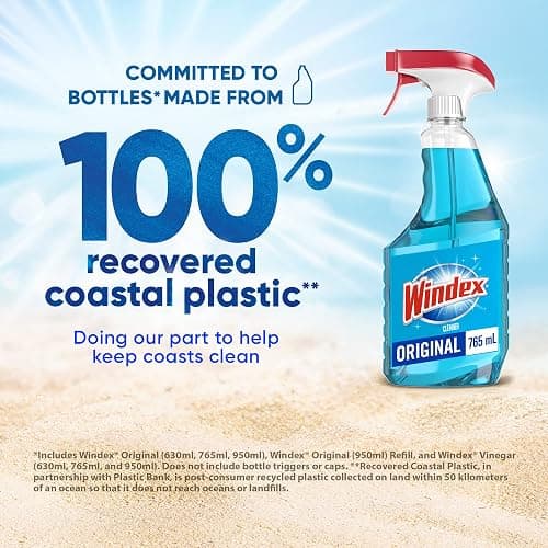Windex Original Blue Window, Glass and Mirror Cleaner, Removes Fingerprints, Smudges, and Smears, Shine Spray, Bottles Made from 100% Recycled Plastic, 765mL thumbnail 4