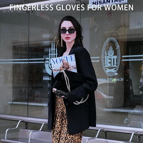 OurHonor Black Fingerless Gloves for Men Women, Halloween PU Leather Half Finger Glove Driving Performance Costume Sport thumbnail 5