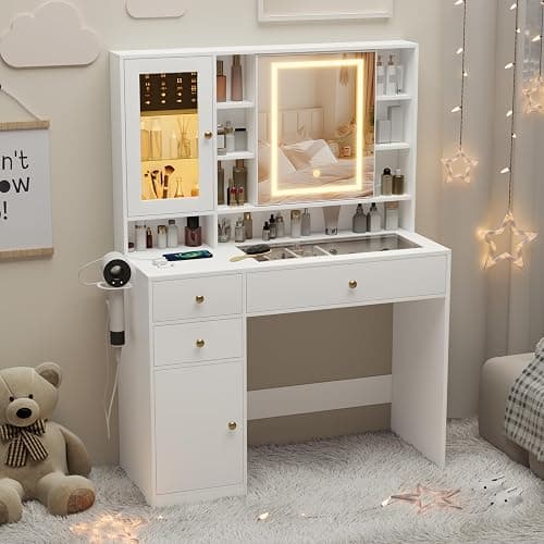 Wodeer Makeup Vanity Desk with Mirror and Lights, White Vanity with Glass Top, Jewelry Storage, Power Outlets, 3 Drawers & 2 Cabinets, Adjustable LED Lighting, Dressing Table for Women & Girls Bedroom - Image 1