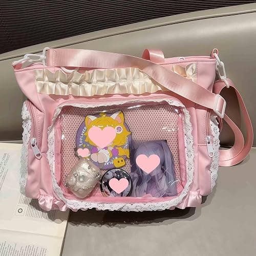 ita crossbody tote bag, pin display with Insert large messenger bag, cute tote bag with zipper ruffle, japanese aesthetic y2k thumbnail 8