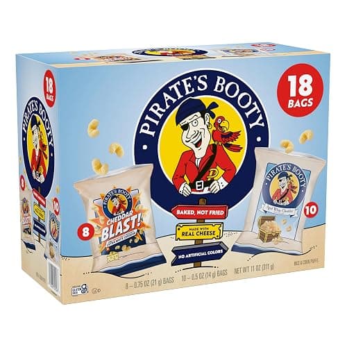 Pirate's Booty Aged White Cheddar and Cheddar Blast Cheese Puffs Variety Pack, Gluten-Free, Kids Snacks, 0.5oz and 0.75oz (18ct) - Image 1