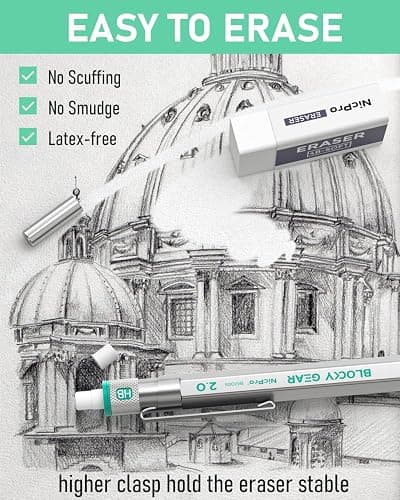 Nicpro Blocky Gear 2.0 mm Mechanical Pencils Set in Case, Metal Pencil with 6 Tubes 2mm Lead Refill (HB 2B 2H 4B 4H & Colors) Sharpeners, Eraser for Professional & Adult Art Writing Drafting Drawing thumbnail 7